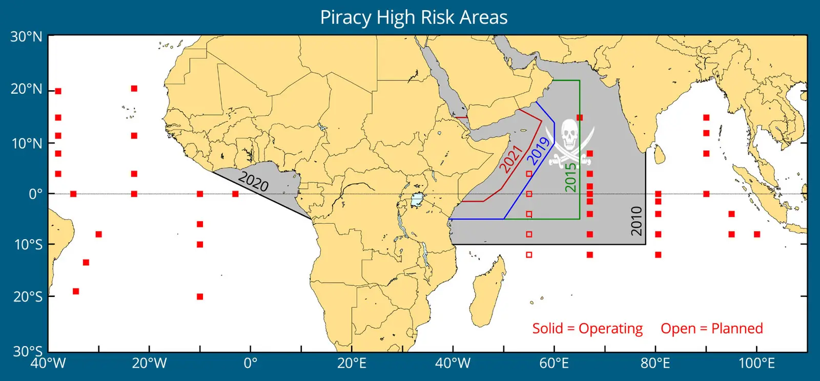 Map from Oceanography magazine showing moored-array sites in the Indian Ocean against the zone of piracy risk.