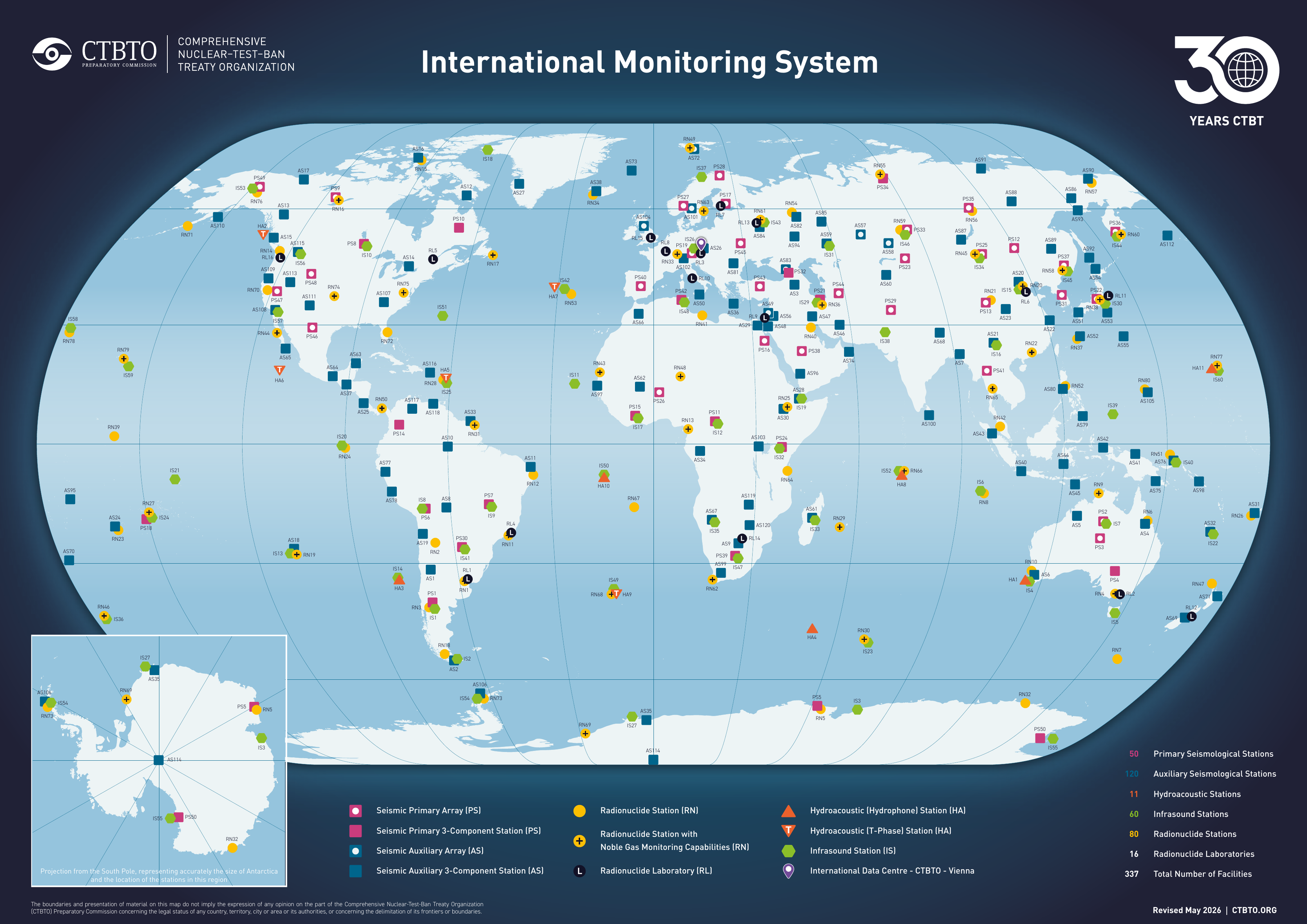 World map of the CTBTO International Monitoring System: 337 seismic, hydroacoustic, infrasound, and radionuclide facilities across 89 countries.