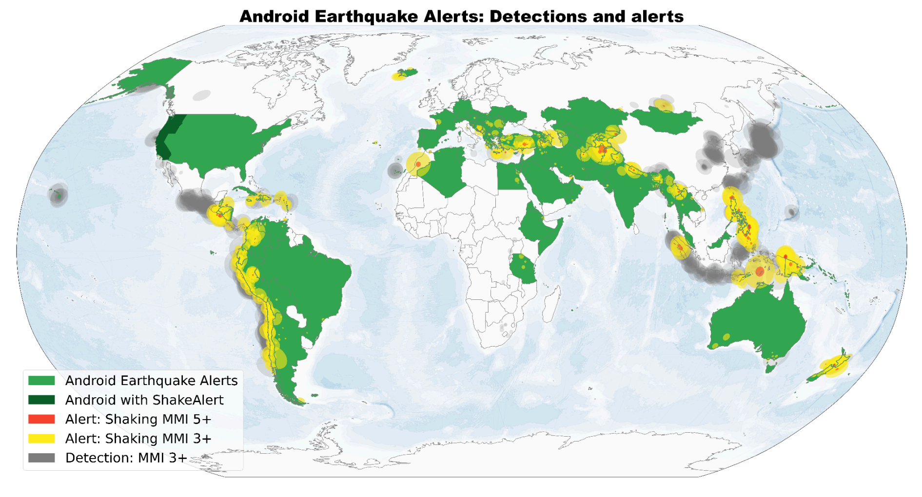 Diagram of Android phones acting as a distributed earthquake-detection network.