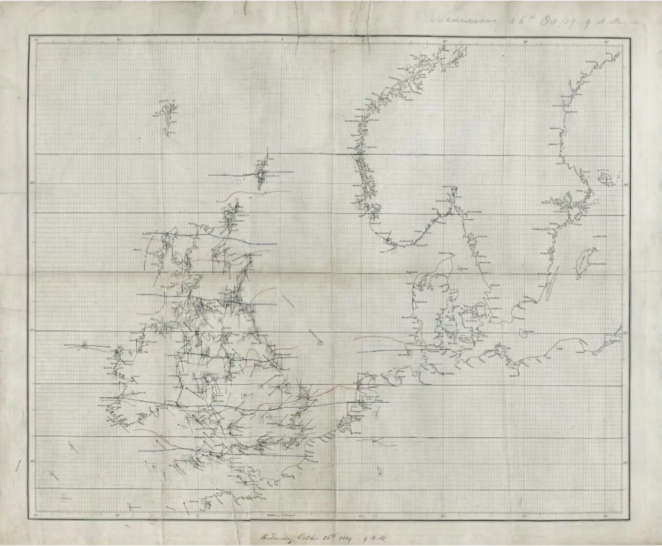 FitzRoy's hand-drawn synoptic reconstruction of the 1859 Royal Charter storm over the British Isles.