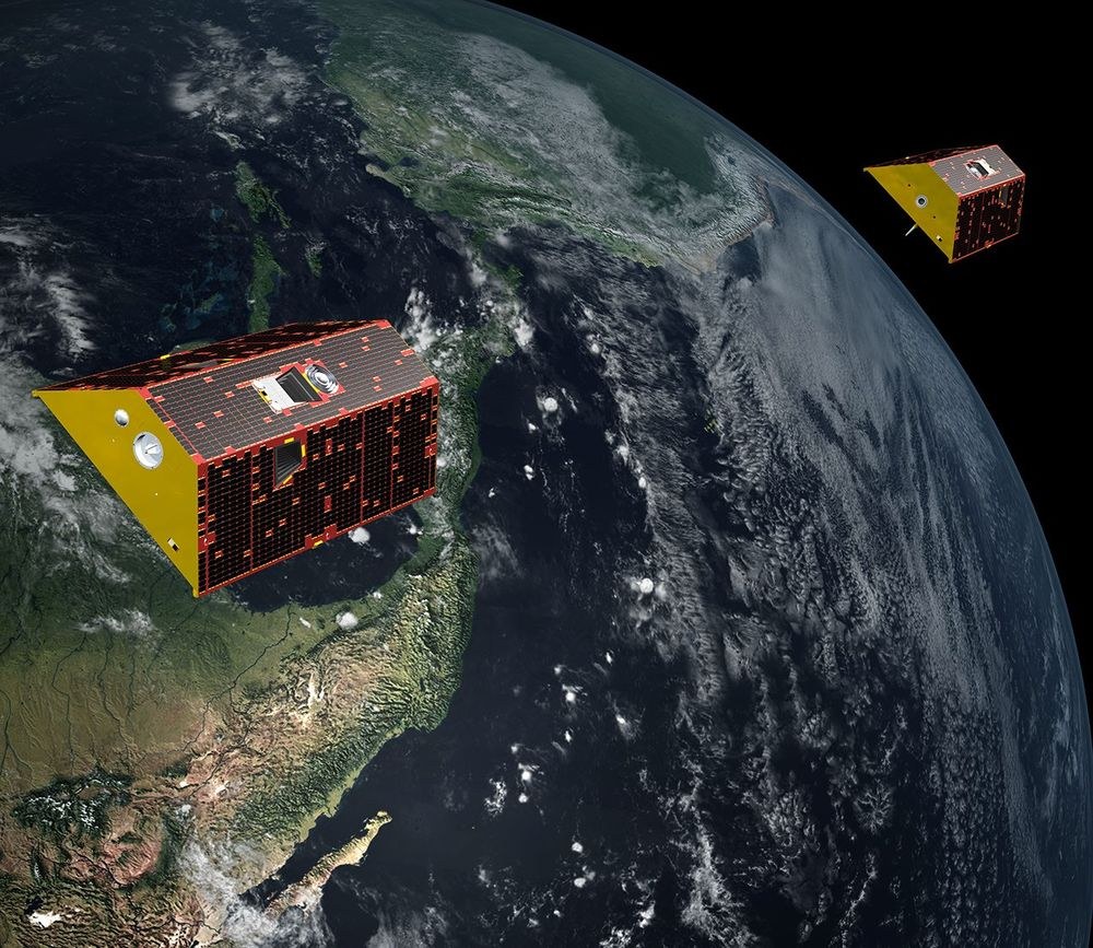 Artist’s concept of the two GRACE-FO spacecraft flying above Earth.